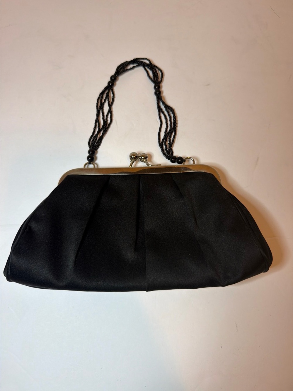 Black Satin Evening Clutch with Beaded Strap